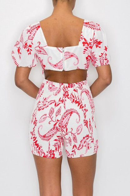 leafy vine print cutout tie front smocked romper - RK Collections Boutique