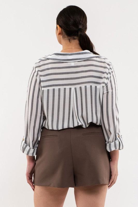 PLUS long sleeve striped button down w/pockets - RK Collections Boutique