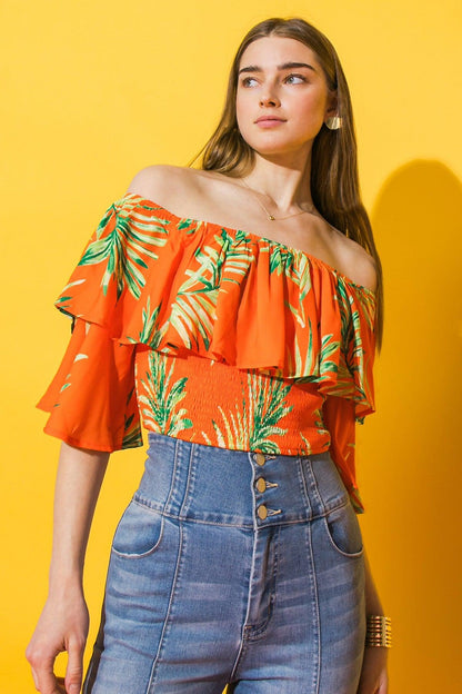 palm short sleeve off the shoulder smocked top - RK Collections Boutique