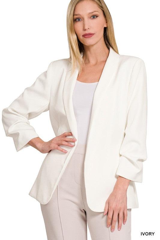 ruched 3/4 sleeve open front blazer - RK Collections Boutique