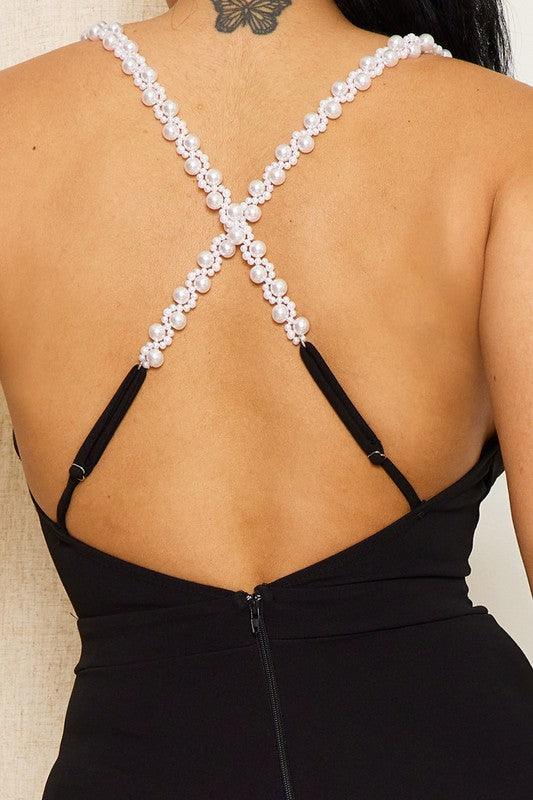 pearl strappy x back flare leg jumpsuit