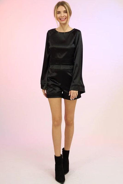2pc set- satin bell sleeve top & shorts - RK Collections Boutique