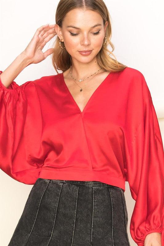 drawstring sleeve satin surplice blouse - RK Collections Boutique