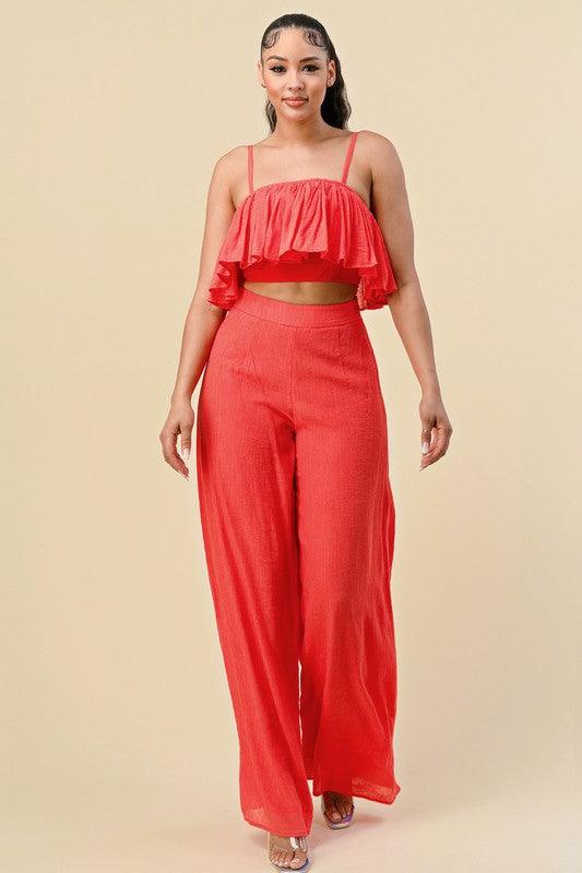 Flowy crop top and wide leg pant set