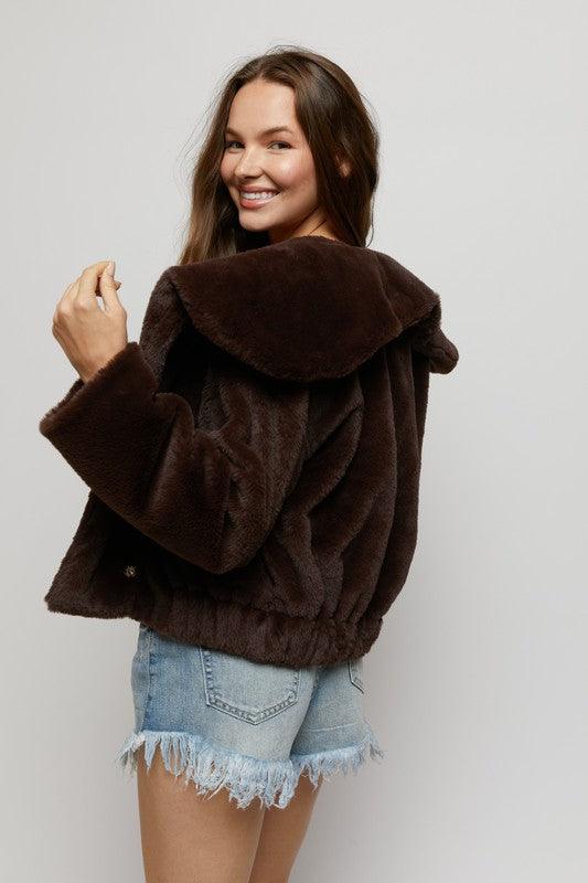 faux fur elastic waist jacket w/ hood - RK Collections Boutique
