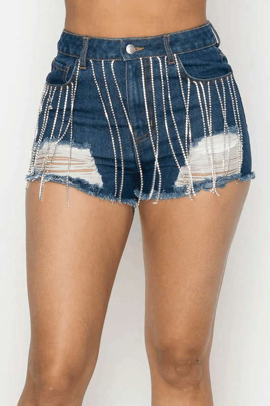 Stone fringe frayed denim shorts - tikolighting