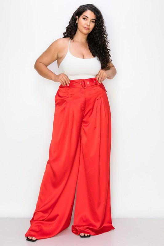 PLUS Satin Wide-Legged High-Rise Belted Pants - RK Collections Boutique
