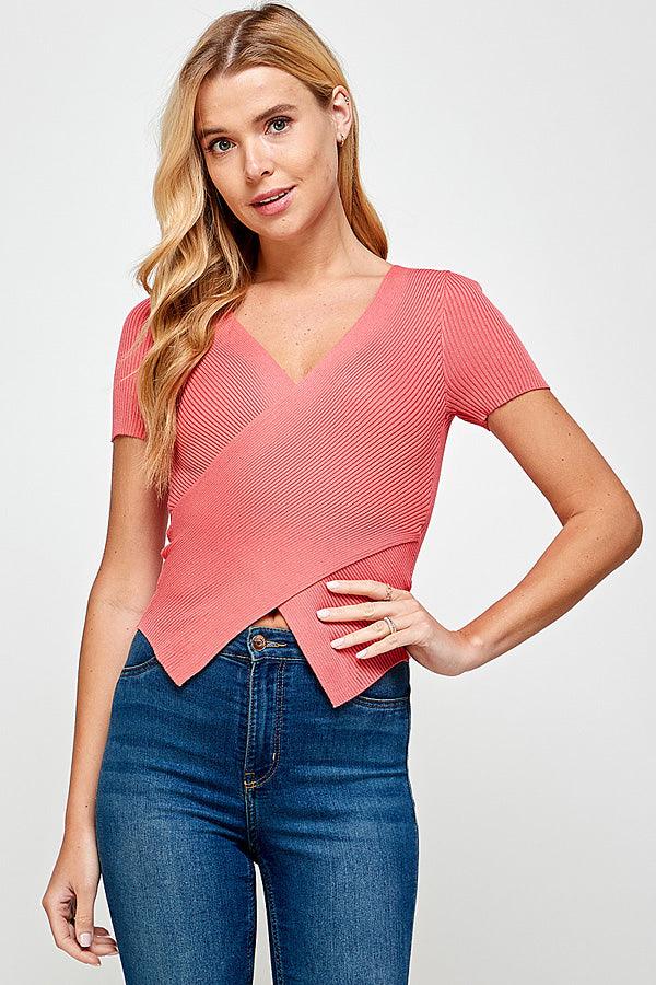 Cross wrap front v neck sweater top - RK Collections Boutique