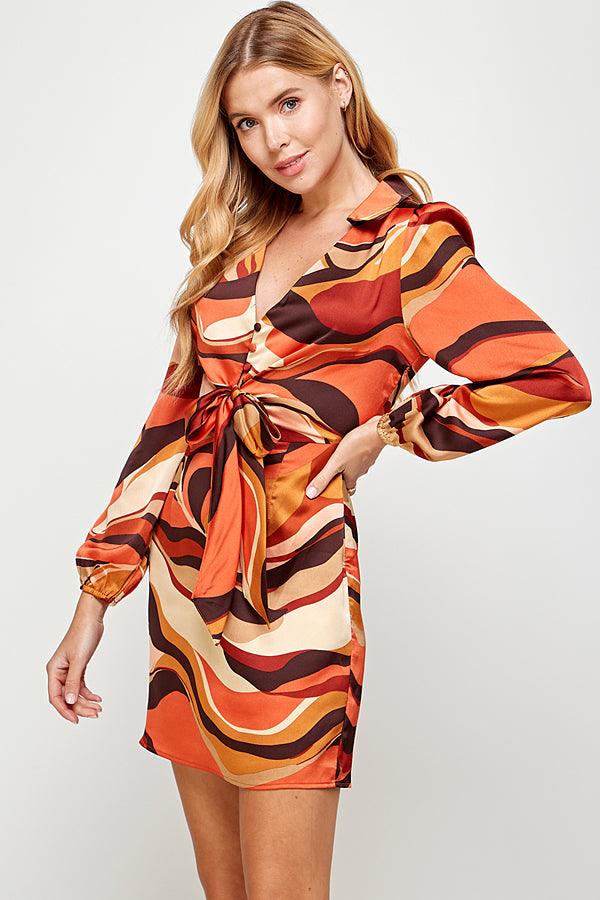 print tie front satin shirt dress - RK Collections Boutique