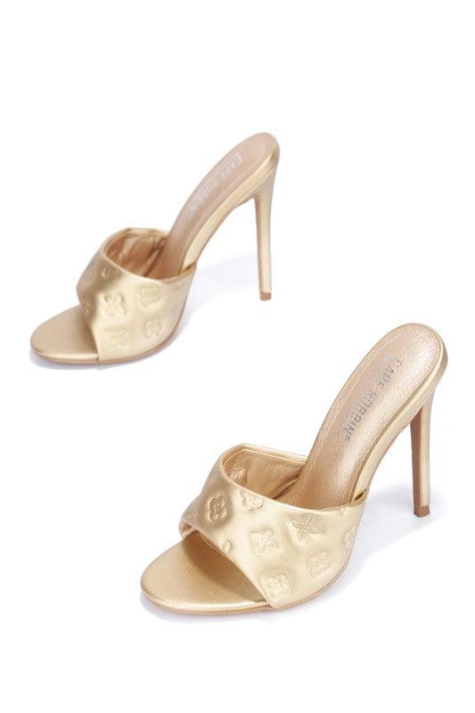 high heel slipper mule with imprinted stamped mate