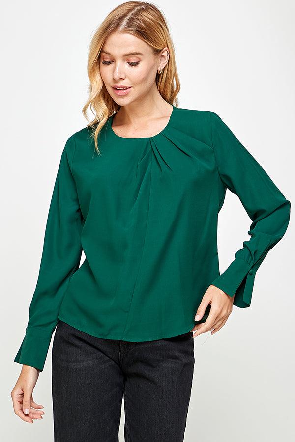 crew neck pleated long sleeve cuff blouse