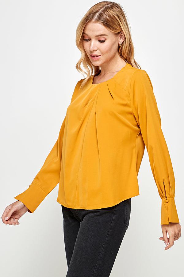 crew neck pleated long sleeve cuff blouse