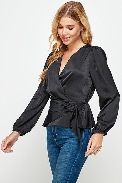 buckle wrap long sleeve peplum blouse - RK Collections Boutique