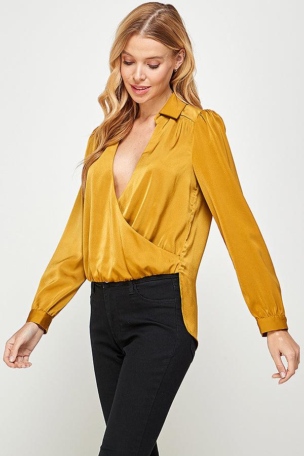 long sleeve high low drape front top