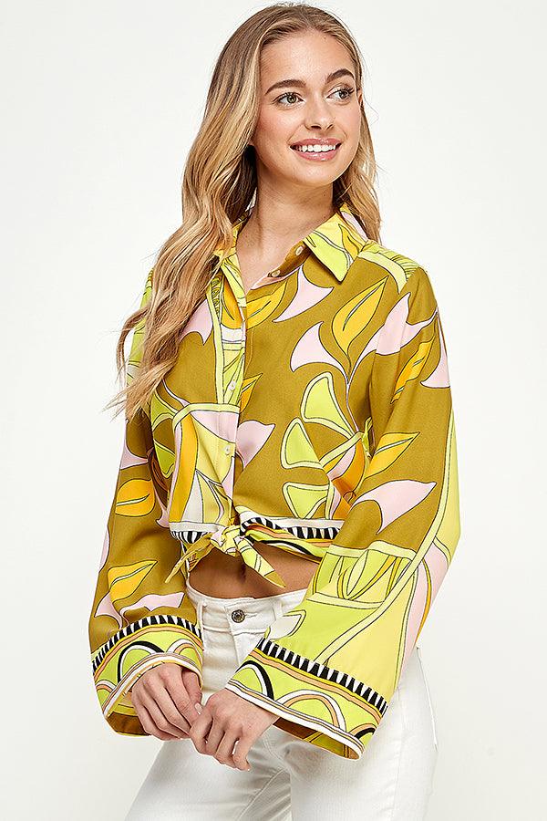 pucci print long bell sleeve crop button down top