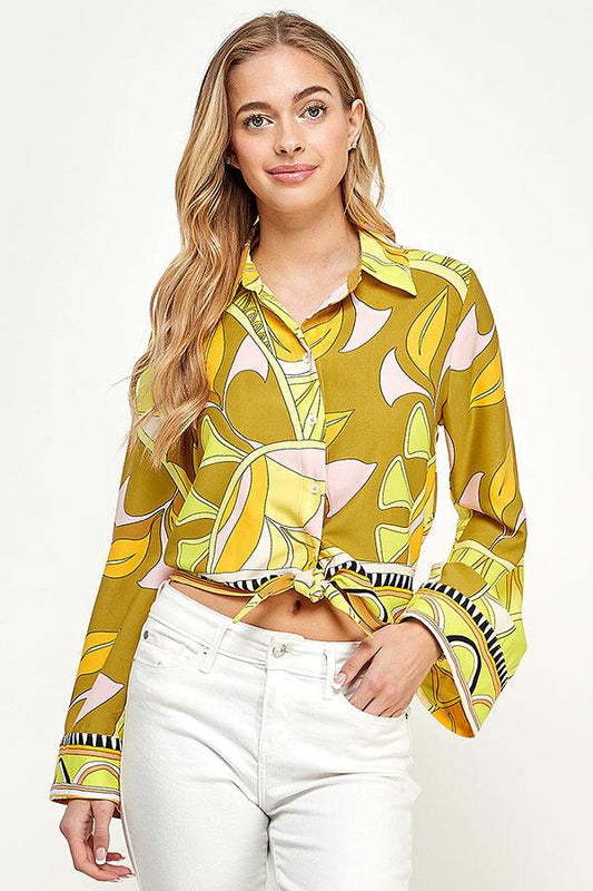 pucci print long bell sleeve crop button down top - RK Collections Boutique