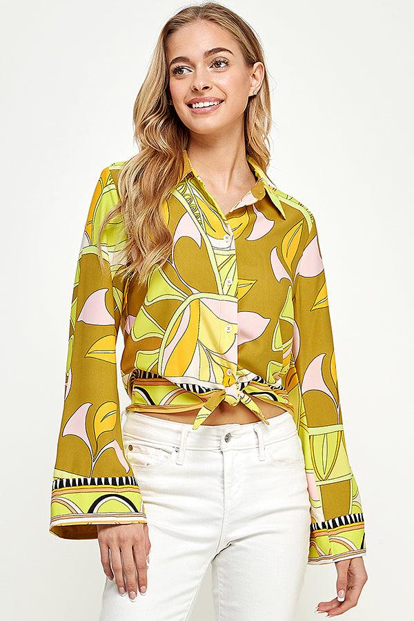pucci print long bell sleeve crop button down top