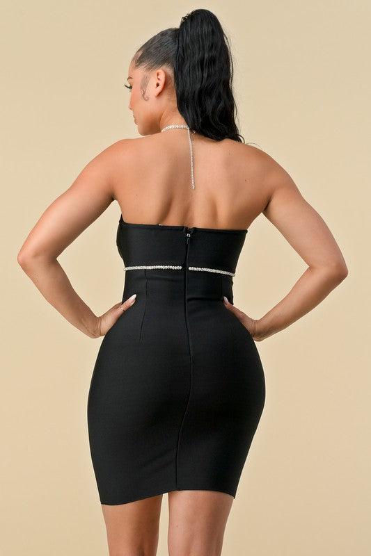 rhinestone halter bustier bandage dress Black / LARGE rhinestone halter bustier bandage dress Black / LARGE