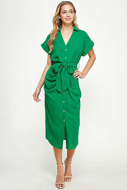 Draped dolman sleeve midi shirt dress - RK Collections Boutique