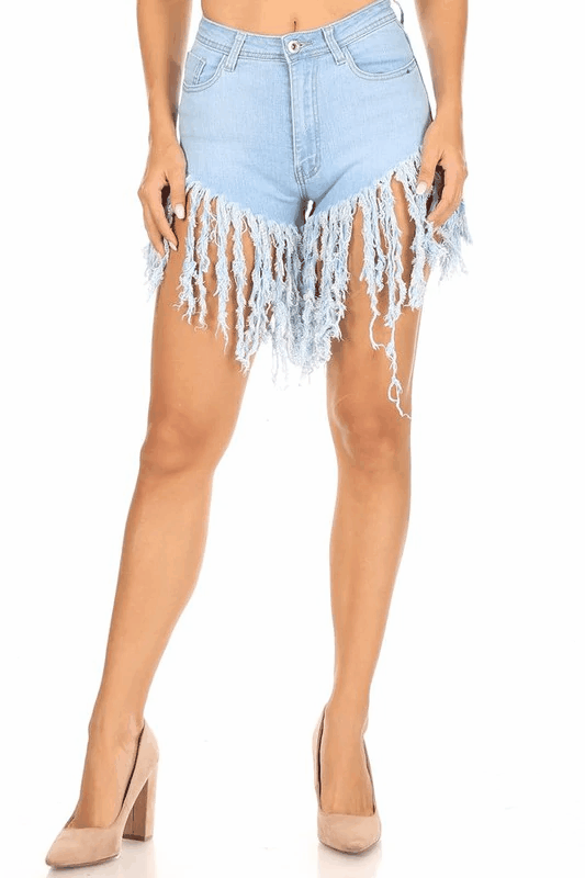 high waist stretchy fringe jean shorts - alomfejto