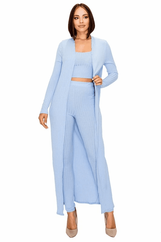 3pc set- ribbed duster cardigan, crop top, & leggings - tarpiniangroup