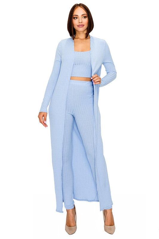 3pc set- ribbed duster cardigan, crop top, & leggings-Pants Set-Gibiu-Baby Blue-GST3988H-5849-1-alomfejto