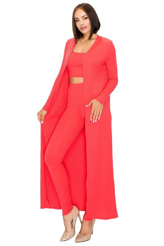 3pc set- ribbed duster cardigan, crop top, & leggings-Pants Set-Gibiu-Coral-GST3988H-5849-7-RK Collections Boutique
