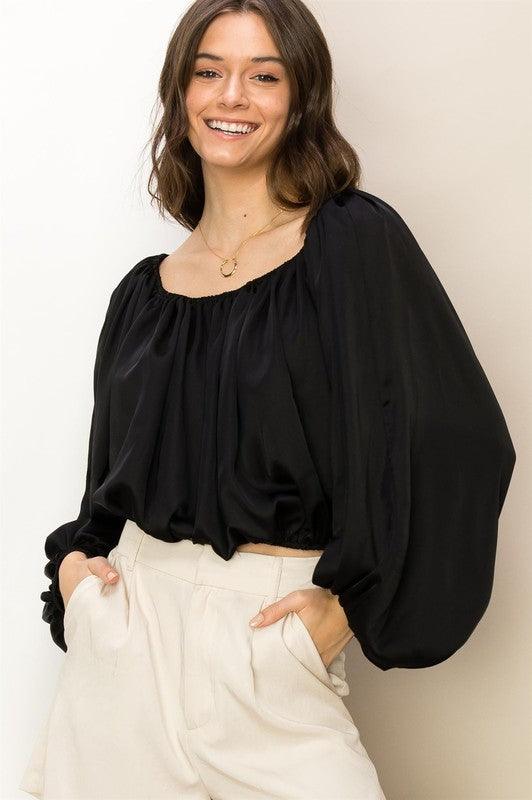 satin off the shoulder balloon sleeve top