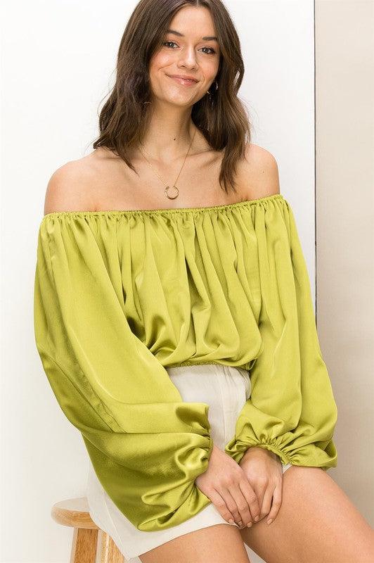 satin off the shoulder balloon sleeve top - RK Collections Boutique