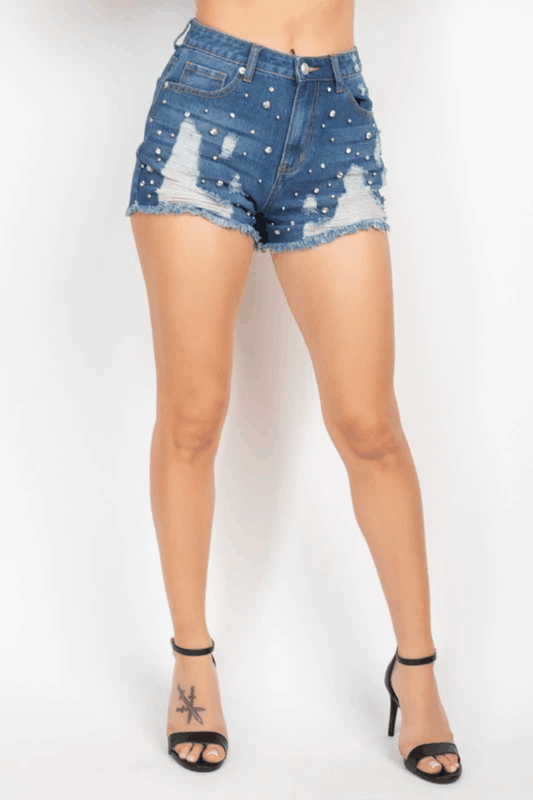 Frayed Rhinestone Denim Shorts - tarpiniangroup