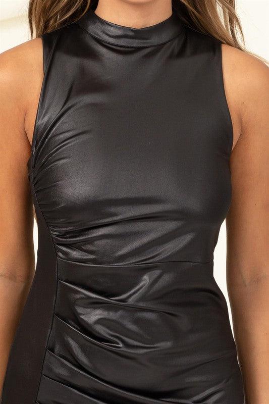 faux leather diagonal hem mock neck dress - RK Collections Boutique