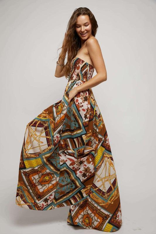 print smocked strapless wideleg jumpsuit - RK Collections Boutique