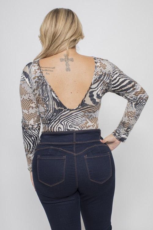 PLUS long sleeve open back printed bodysuit - RK Collections Boutique