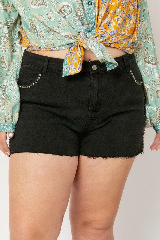PLUS studded denim cutoff shorts - tarpiniangroup