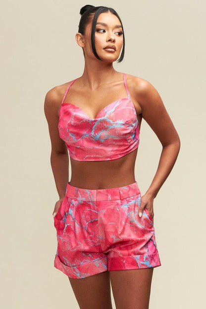 2pc set- marble print open tie back crop top & shorts - RK Collections Boutique