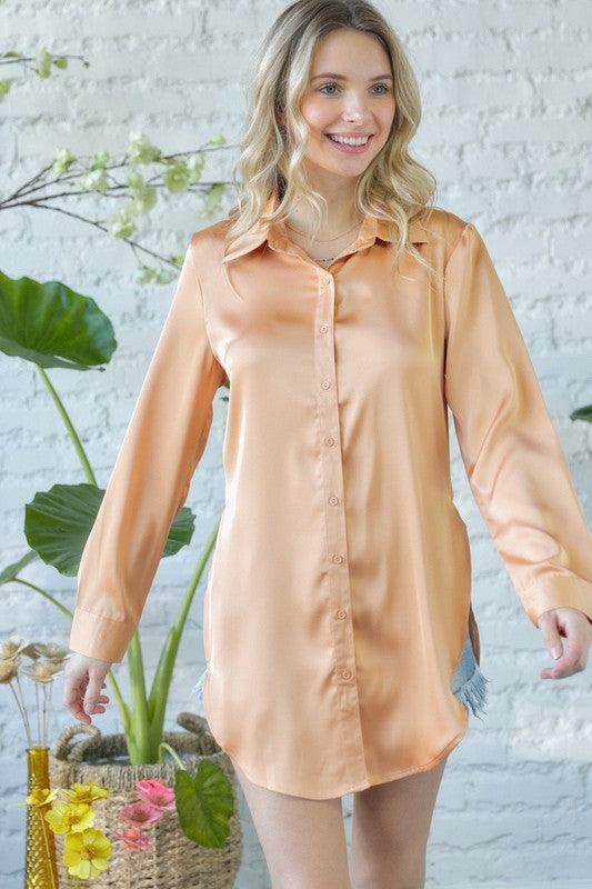 side slit button down satin blouse - RK Collections Boutique