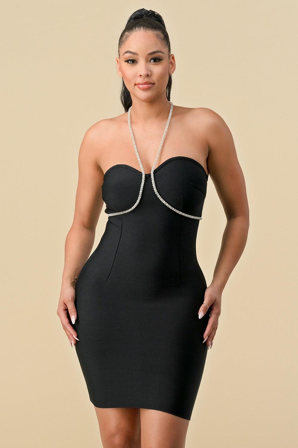 rhinestone halter bustier bandage dress Black / LARGE rhinestone halter bustier bandage dress Black / LARGE