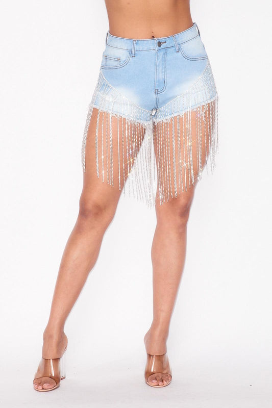 Rhinestone fringe high waist jean shorts - tarpiniangroup