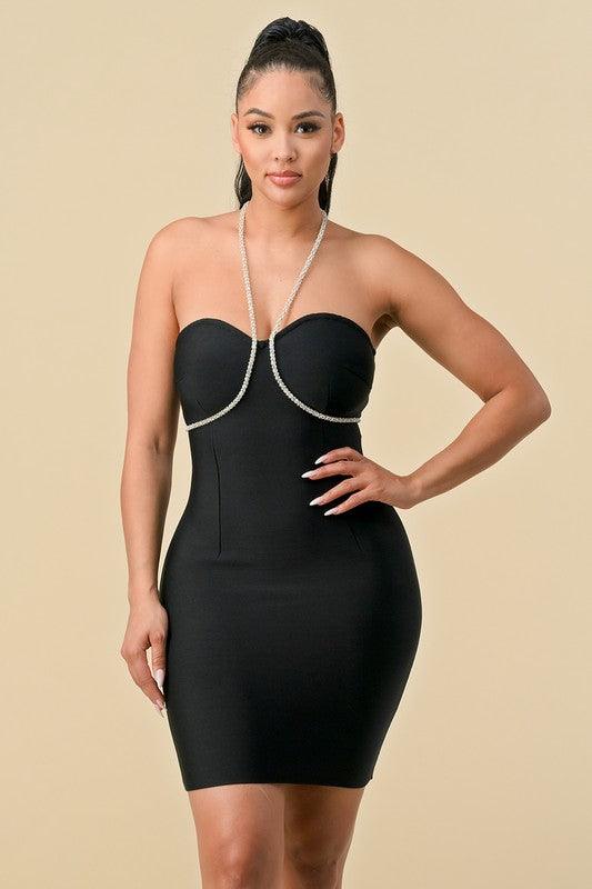 rhinestone halter bustier bandage dress Black / LARGE rhinestone halter bustier bandage dress Black / LARGE