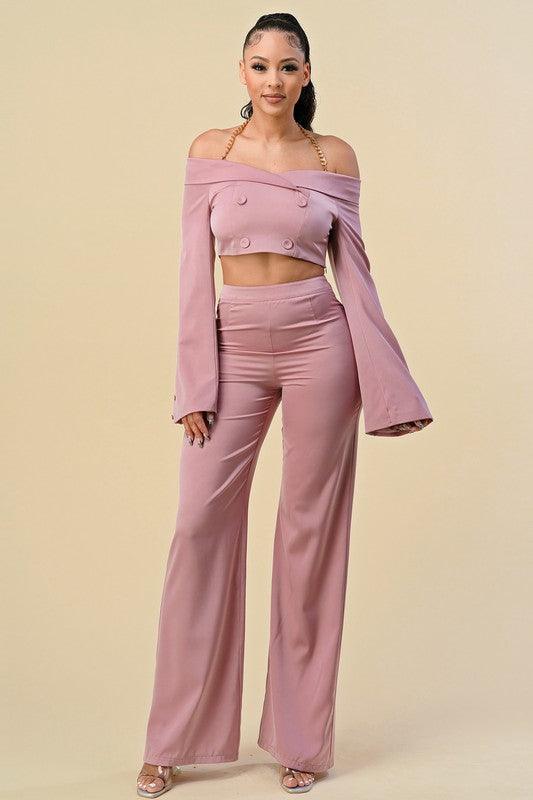 2pc set-Off The Shoulder Chain Strap Top & Pant - tarpiniangroup