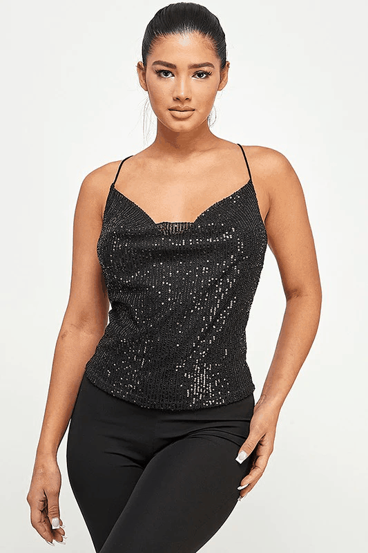 sequin cowl neck tank w/ criss cross back - RK Collections Boutique