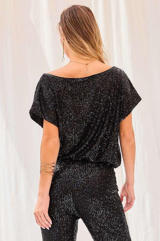 sequin boat neck top w/elastic waist - RK Collections Boutique