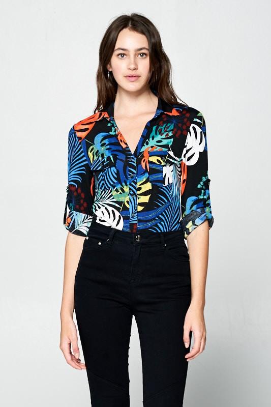 tropical print collared bodysuit with rollable sleeves - RK Collections Boutique