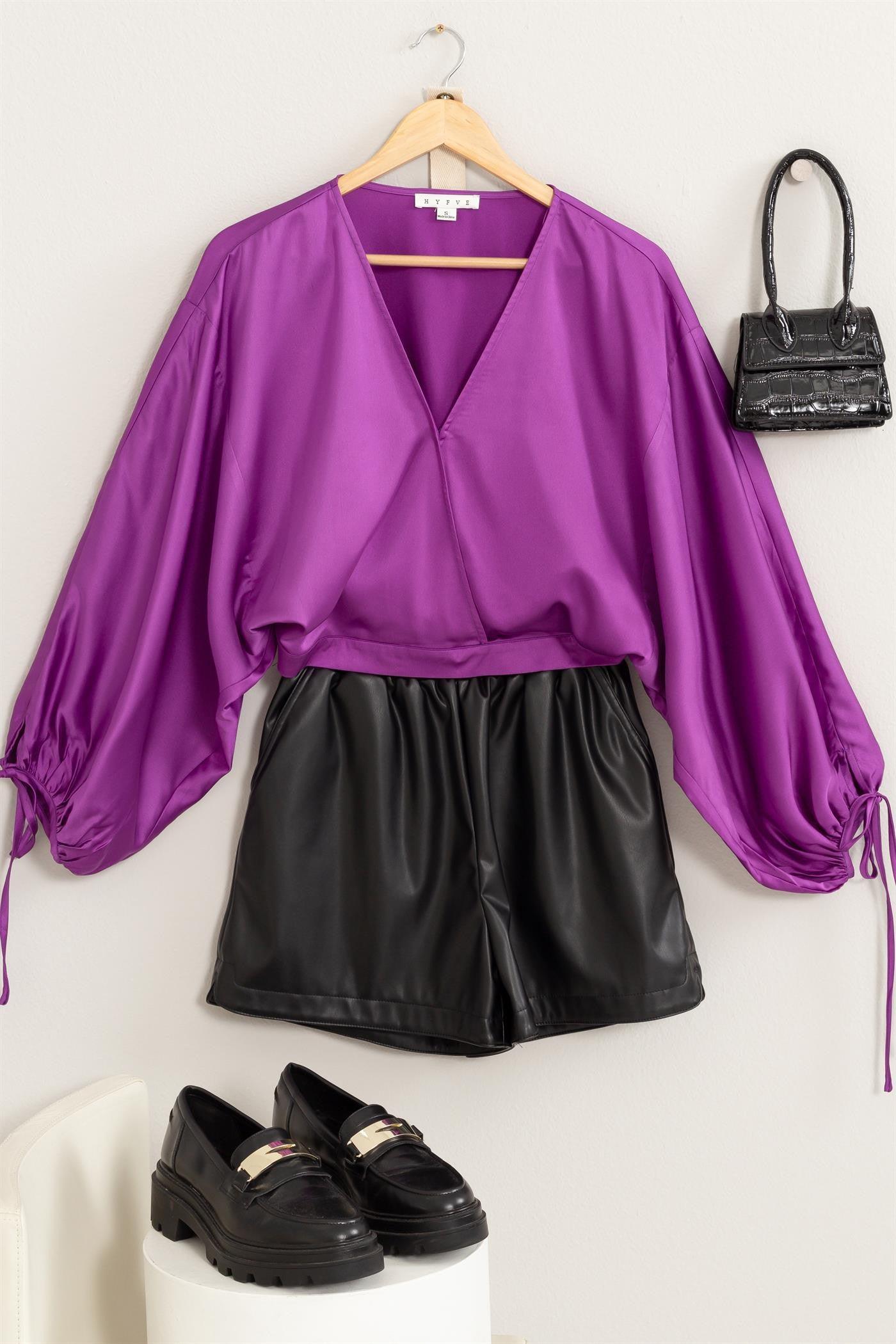 drawstring sleeve satin surplice blouse - RK Collections Boutique
