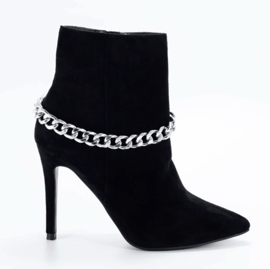 suede stiletto booties with chain