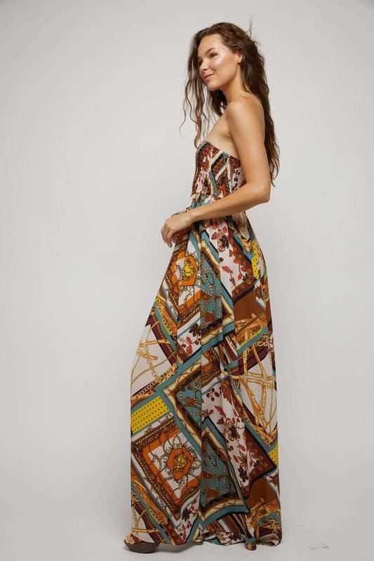 print smocked strapless wideleg jumpsuit - RK Collections Boutique