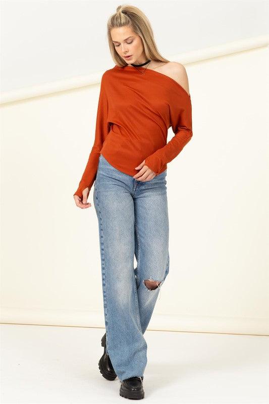 off one shoulder ribbed long sleeve top