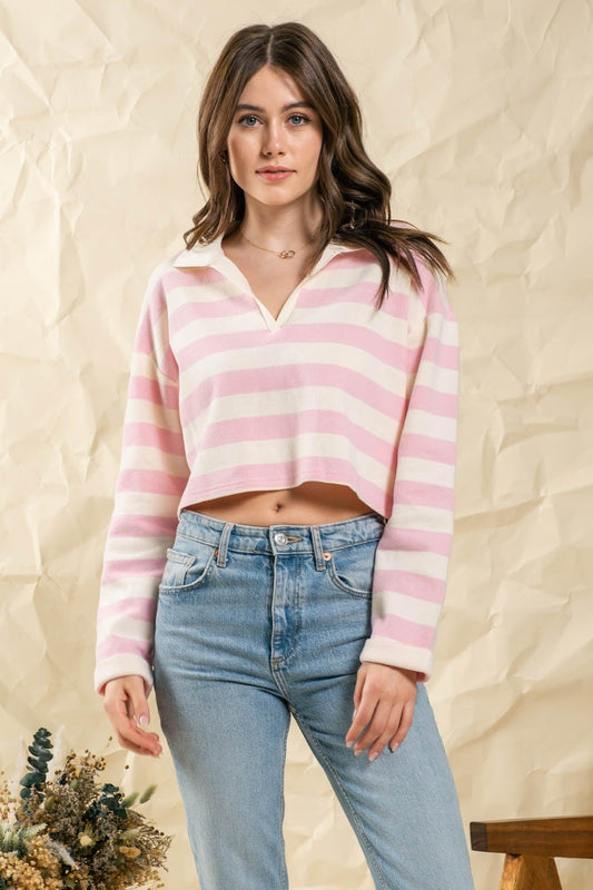 long sleeve striped crop top w/collar - RK Collections Boutique