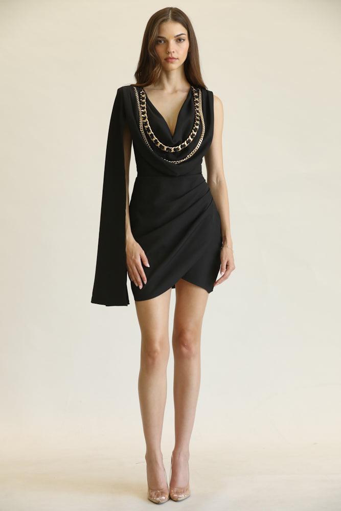 one sleeve chain cowl neck dress