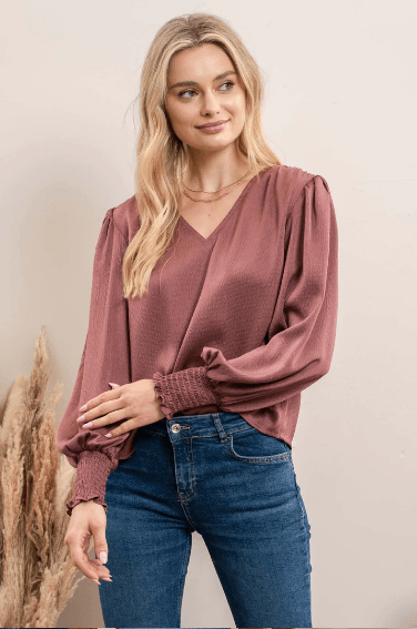 satin v-neck long sleeve blouse - RK Collections Boutique